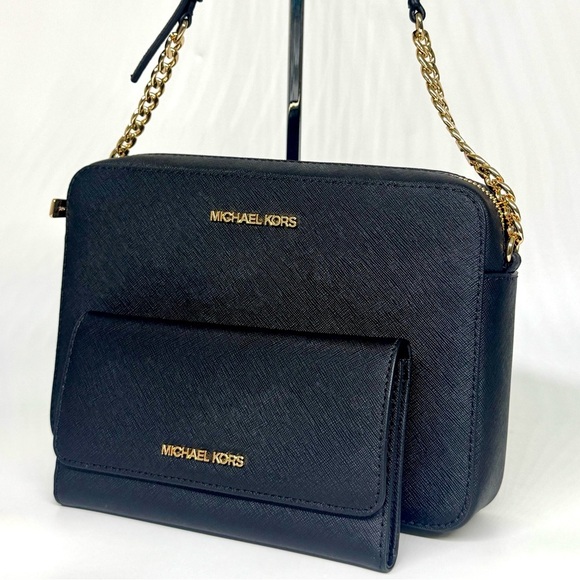 Michael Kors Jet Set Large Logo Crossbody Bag & Matching Trifold Wallet Black - Picture 1 of 11